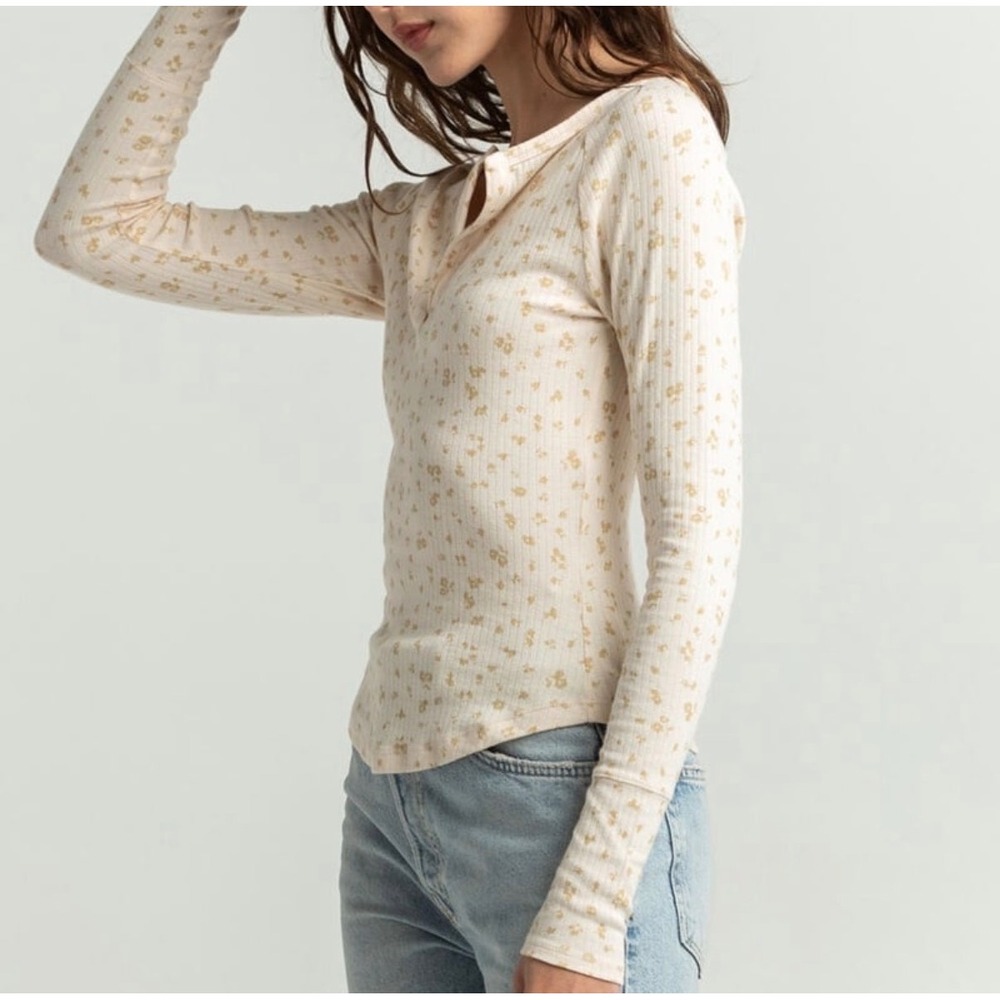 Free People Intimately Now And Then Floral Henley Top Cream Womens XL